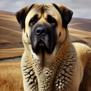 Ein imposanter Kangal-Hund mit sandfarbenem, dichtem Fell und einer markanten schwarzen Maske im Gesicht