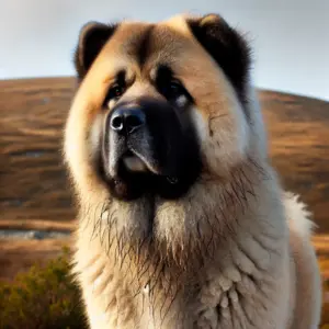 Ein kräftiger Karabash-Hund mit sandfarbenem, dichtem Fell und einer charakteristischen schwarzen Maske im Gesicht