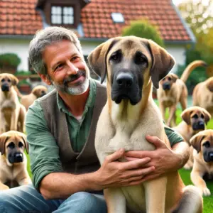 Ein Anatolischer Hirtenhund Züchter mit seinen Hunden berät seine Interessenten und hilft beim Welpenkauf