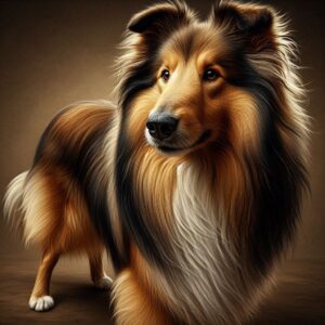 Collie aus der Arbeitslinie mit kürzerem, funktionalem Fell, das eine pflegeleichte Struktur aufweist. Der Hund hat einen robusten Körperbau, wachsame Augen und eine energetische Haltung