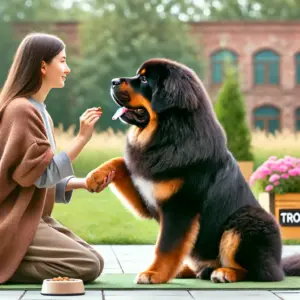 Ein Tibetischer Mastiff während eines Trainings im Freien, bei dem ein Trainer positive Verstärkung durch Leckerlis und Gesten verwendet