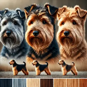 Mehrere Australian Terrier Hunde, die verschiedene Farbvariationen der Rasse zeigen, darunter Blau mit lohfarbenen Abzeichen, sandfarben und rötlich. Die Hunde haben ein dichtes, drahtiges Fell, das sie vor rauen Wetterbedingungen schützt