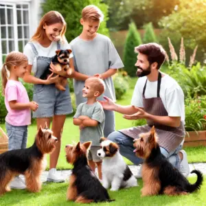 Eine Familie mit Kindern besucht einen Australian Terrier Züchter in dessen Garten und informiert sich über die Hunderasse um danach einen Australian Welpen zu kaufen