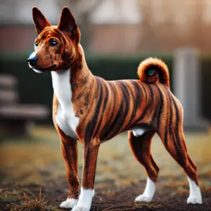 Ein gestromter (brindle) Basenji-Hund steht in einer natürlichen Umgebung und zeigt sein exotisches tigerähnliches Fellmuster mit warmem Rotbraun und dunklen, fast schwarzen Streifen