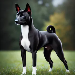 Ein eleganter schwarzer Basenji-Hund steht auf einer grünen Wiese, zeigt seinen muskulösen, schlanken Körperbau und glänzendes, tiefschwarzes Fell mit weißen Abzeichen an Pfoten und Brust