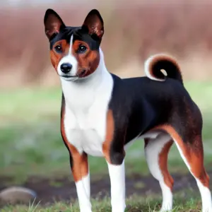 Ein stolzer tricolor Basenji-Hund steht im Freien und zeigt eine Mischung aus schwarzem, weißem und rotbraunem Fell