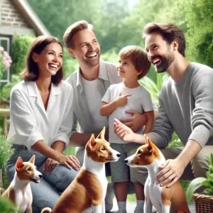 Eine Familie besucht den Züchter und informiert sich über die Rasse bevor sie sich einen Basenji Welpen kaufen
