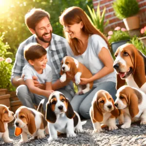 Eine Familie besucht den Züchter und spielt im Garten mit den Hunden bevor sie einen Basset Hound Welpen kaufen