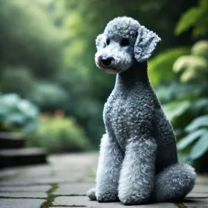 in blauer Bedlington Terrier mit silbrig-grauem Fell sitzt elegant auf einem Steinweg in einem üppigen Garten