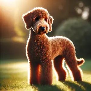 Ein brauner Bedlington Terrier mit warmem, rötlich-braunem Fell steht auf einer wiese unter Sonnenlicht