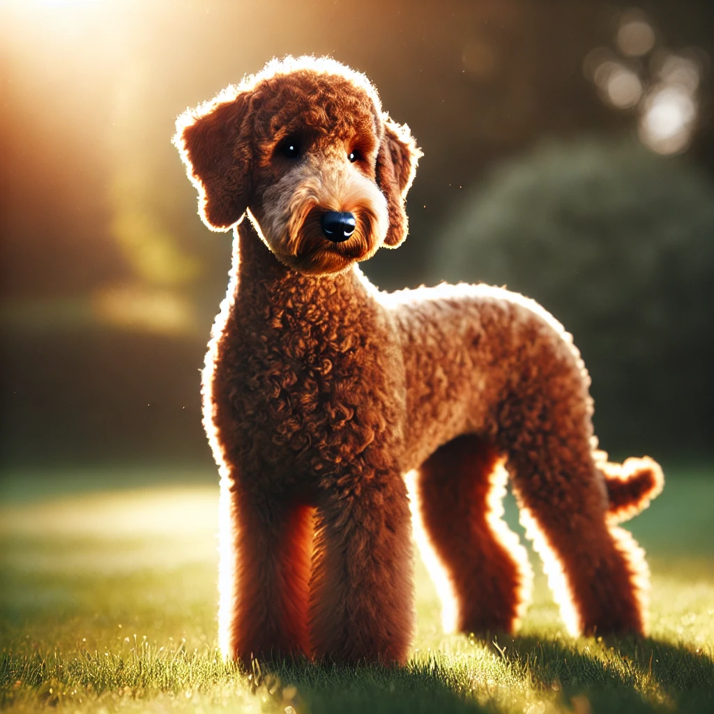Ein brauner Bedlington Terrier mit warmem, rötlich-braunem Fell steht auf einer wiese unter Sonnenlicht