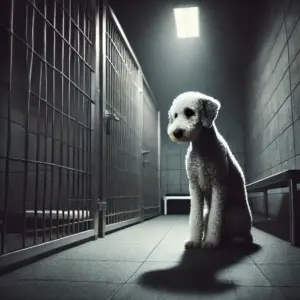 Ein trauriger einsamer Bedlington Terrier in Not sitzt im Tierheim und wartet auf Adoption und eine zweite Chance