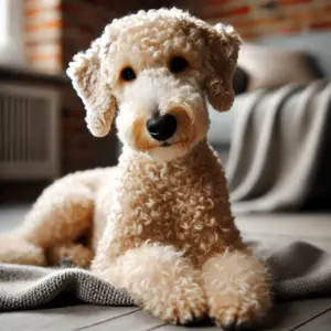 Ein sandfarbener Bedlington Terrier mit weichem, beigem Fell liegt entspannt auf einer Decke in der Wohnung