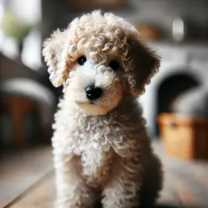 Ein junger Bedlington Terrier sitzt in einer gemütlichen, warm eingerichteten Umgebung