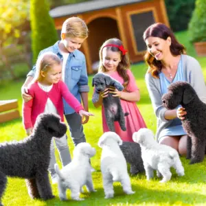 Eine Bedlington Terrier Züchterin im Garten zeigt ihre Welpen und gibt Informationen über die Rasse