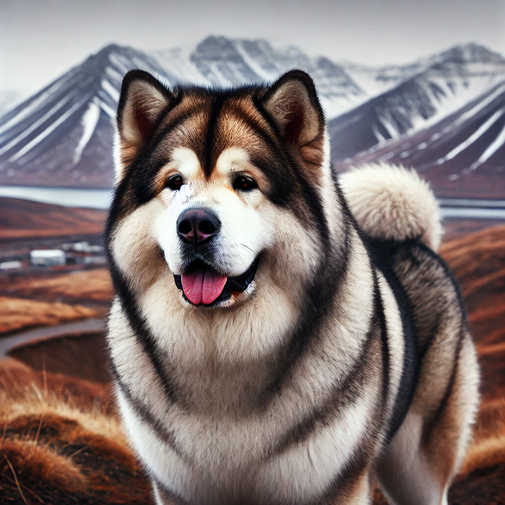Ein massiver und kräftiger Giant Alaskan Malamute, auch bekannt als Big Alaskan Malamute, steht in einer winterlichen Landschaft