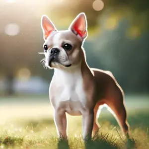 Ein Boston Terrier mit weichem, cremefarbenem Fawn Fell steht auf einer Wiese im sonnigen Park