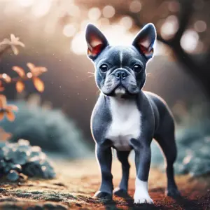 Ein Boston Terrier mit bläulich-grauer Fellfarbe steht in einer natürlichen Umgebung mit sanftem Licht, das sein einzigartiges blaues Fell hervorhebt