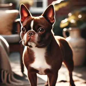 Ein Boston Terrier mit warmem, schokoladenbraunem Fell steht im Zimmer mit einer Vase im Hintergrund