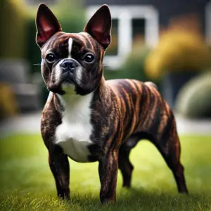 Ein gestromter Boston Terrier mit braun-schwarzen Streifen steht selbstbewusst auf einer Wiese. Die Streifen auf dem Fell, kombiniert mit den weißen Abzeichen auf Brust und Gesicht, verleihen dem Hund ein individuelles Aussehen