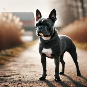Ein Boston Terrier mit stilvollem, grauem Fell steht auf einem Waldweg