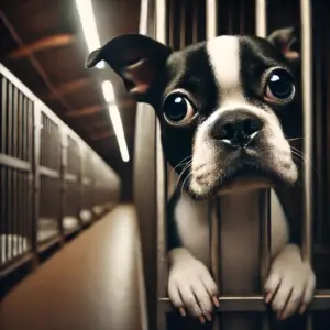 Ein schwarz-weißer Boston Terrier in Not sucht ein neues Zuhause und warte aus dem Tierheim adoptiert zu werden