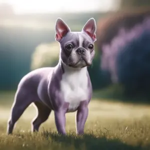 Ein Boston Terrier mit seltenem lilafarbenem Fell steht auf einer Wiese