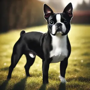 Ein klassisch schwarzer Boston Terrier mit glänzendem, schwarzem Fell und weißen Abzeichen auf Brust und Gesicht steht stolz auf einer grünen Wiese. Die weiße "Smoking"-Zeichnung betont das elegante Erscheinungsbild