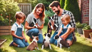 Eine Familie beim Boston Terrier Züchter im Garten informiert sich über die Rasse bevor sie einen Welpen kaufen