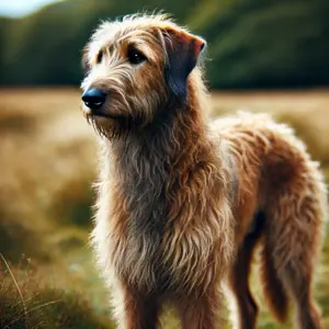 Brauner Irischer Wolfshund mit warmem, erdigen Fell in einer natürlichen Outdoor-Umgebung auf der Wiese