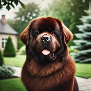 Ein brauner Neufundländer mit einem dichten, flauschigen, dunkelbraunen Fell. Der Hund steht stolz in einem gepflegten Garten