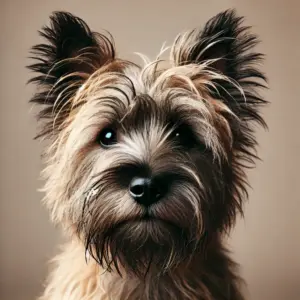 Ein Cairn Terrier mit rauhaarigem, mittellangem Fell, der aufmerksam in die Kamera schaut