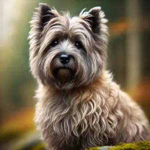 Ein Cairn Terrier mit charakteristischem mittellangem, rauem Fell, der in einer natürlichen Umgebung sitzt