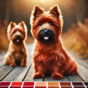 Ein roter Cairn Terrier mit lebhaftem, warmem Fell sitzt im Freien und zeigt verschiedene Rottöne im Sonnenlicht.