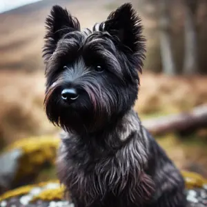 Ein schwarzer Cairn Terrier mit dezenten gestromten Mustern sitzt vor einer Waldlichtung