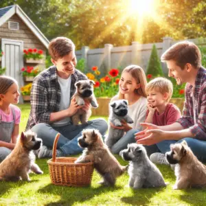 Eine Familie bei einem Cairn Terrier Züchter im Garten um sich zu informieren bevor sie einen Welpen kaufen