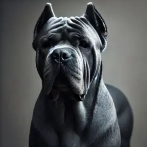 Cane Corso Hund der Blue Line Farbvariante, stehend mit einem majestätischen blaugrauen, leicht metallisch schimmernden Fell