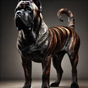 Cane Corso Hund mit gestromtem Fell, das ein tigerähnliches Muster aus Schwarz, Braun und Fawn zeigt, wodurch der Hund ein dynamisches, wildes Erscheinungsbild erhält