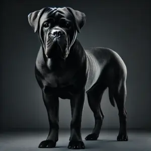 Schwarzer Cane Corso in einer kraftvollen Haltung, mit glänzendem, tiefschwarzem Fell
