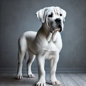 Seltenes weißes oder sehr helles Cane Corso Exemplar, das mit seiner fast weißen Fellfarbe elegant und einzigartig wirkt