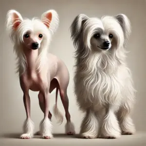 Ein Bild, das die Unterschiede zwischen den beiden Varianten des Chinese Crested Dog zeigt: den Hairless (nackten) und den Powderpuff