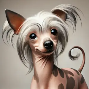 Nahaufnahme eines Hairless Chinese Crested Dog mit glatter, haarloser Haut, kleinen Fellpartien am Kopf, an den Pfoten und am Schwanz