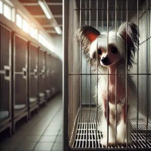 Ein trauriger Chinesischer Schopfhund in Not aus dem Tierheim wartet auf eine Adoption und zweite Chance
