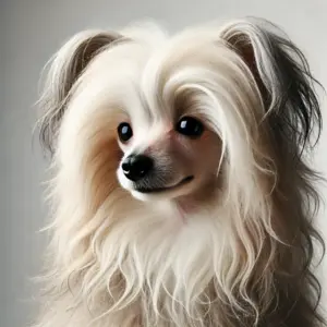 Nahaufnahme eines Powderpuff Chinese Crested Dog mit einem vollen, weichen Fell, bestehend aus dichter Unterwolle und einem seidigen Deckhaar