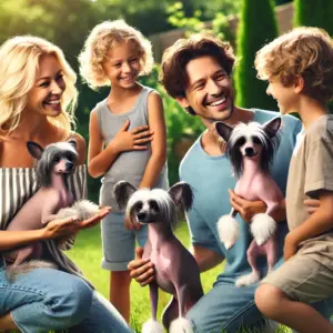 Ein Chinesischer Schopfhund Züchter erklärt der Familie die Rasse bevor diese einen Welpen kauft