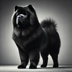 Ein Chow-Chow mit tiefschwarzem Fell, der majestätisch dasteht und seine muskulöse Statur zur Schau stellt. Sein dunkles, glänzendes Fell verleiht ihm eine edle und kraftvolle Ausstrahlung