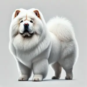 Ein weißer Chow-Chow mit reinweißem, cremefarbenem Fell, stehend mit kraftvoller Pose. Das klare, helle Fell hebt das robuste und löwenartige Erscheinungsbild hervor, ähnlich einem kleinen Eisbären