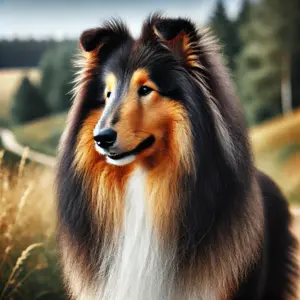 Rough Collie in Dark Sable-Farbe mit tiefen Gold- und Brauntönen und schwarzen Spitzen