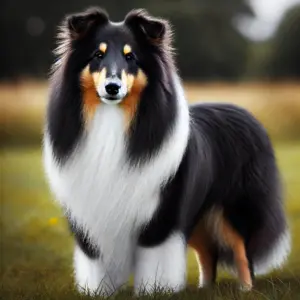 Schwarz-weißer Rough Collie mit tiefschwarzem Fell und weißen Markierungen an Brust und Gesicht auf einer Wiese