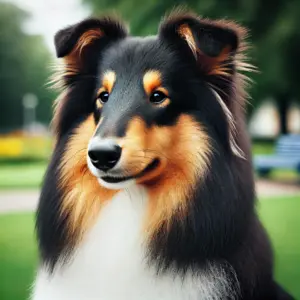 Tricolor Collie im Portrait mit schwarzer Grundfarbe, braunen Abzeichen und weißen Markierungen an Brust, Pfoten und Gesicht